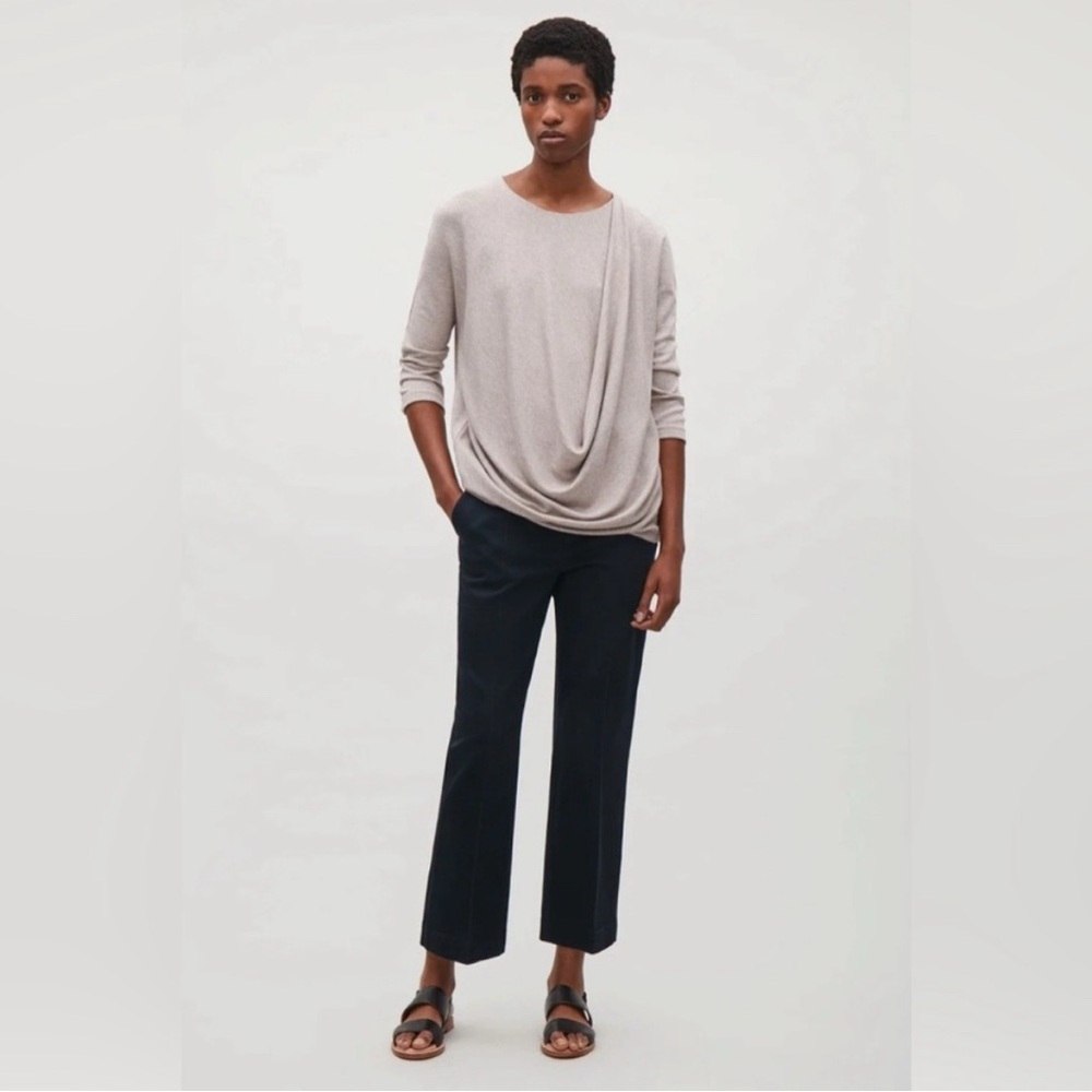 Cos Womens Grey Asymmetrical Draped Detail Long Sleeve Cotton Top Medium/UK 12